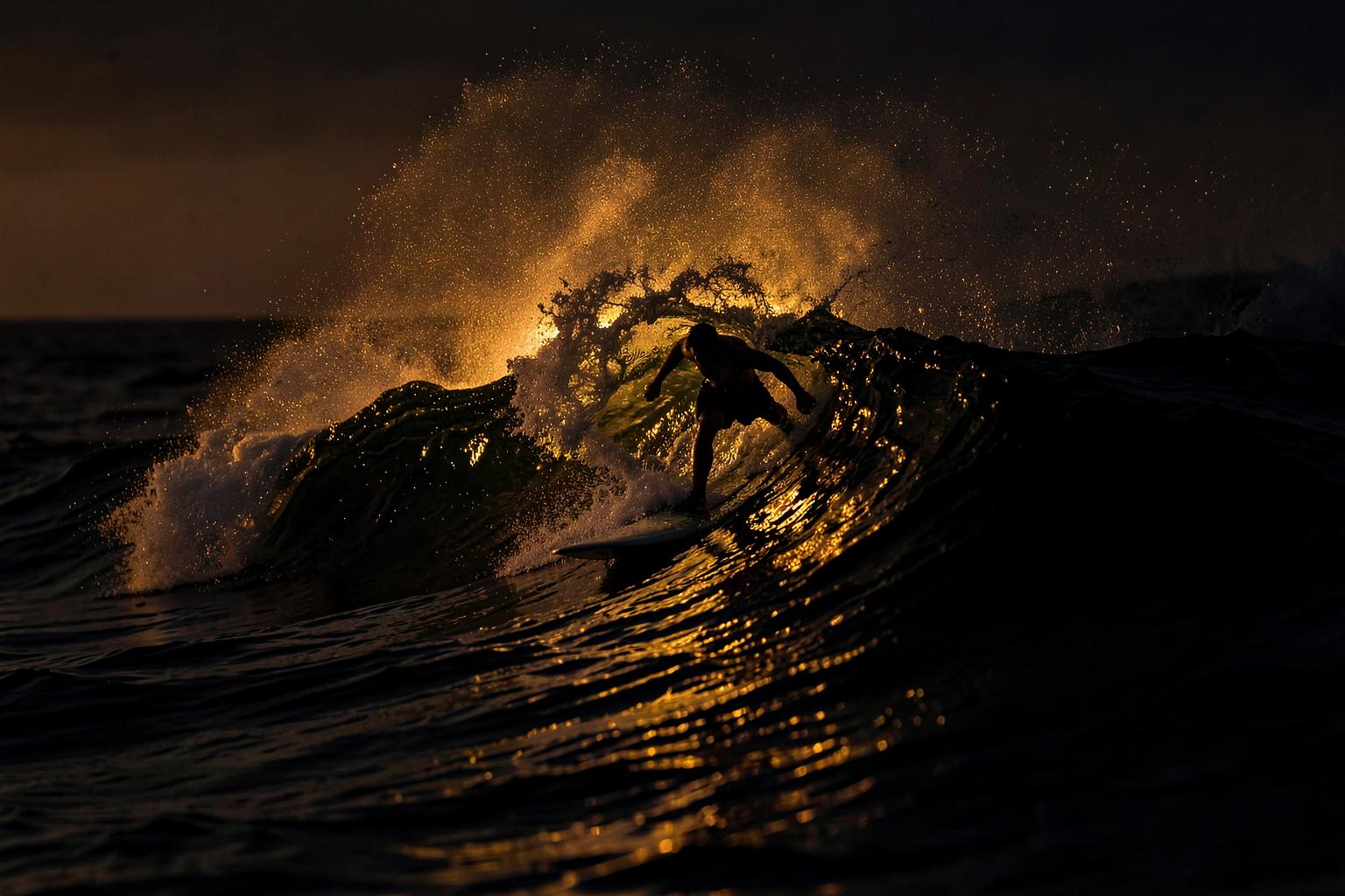 Surfer riding a powerful wave at dusk with golden backlit spray