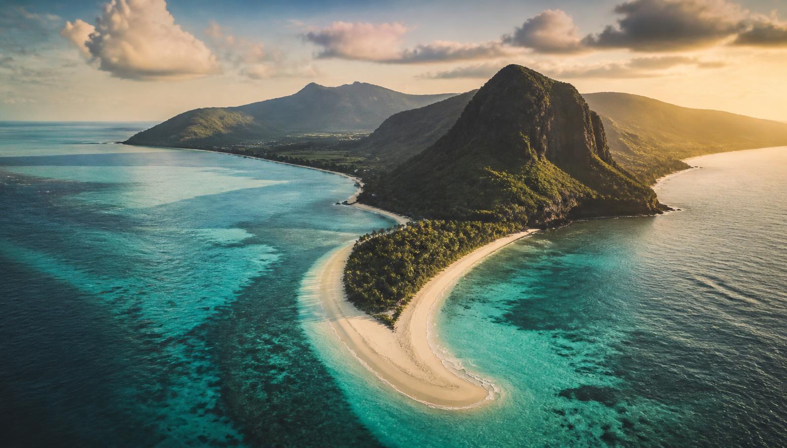 Aerial view of a remote tropical island with a curving white sand spit and turquoise reef water