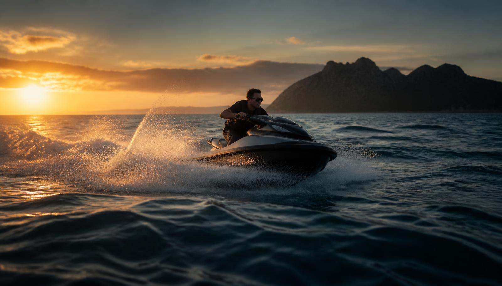 Jet ski cutting across deep blue open ocean at golden hour with backlit spray